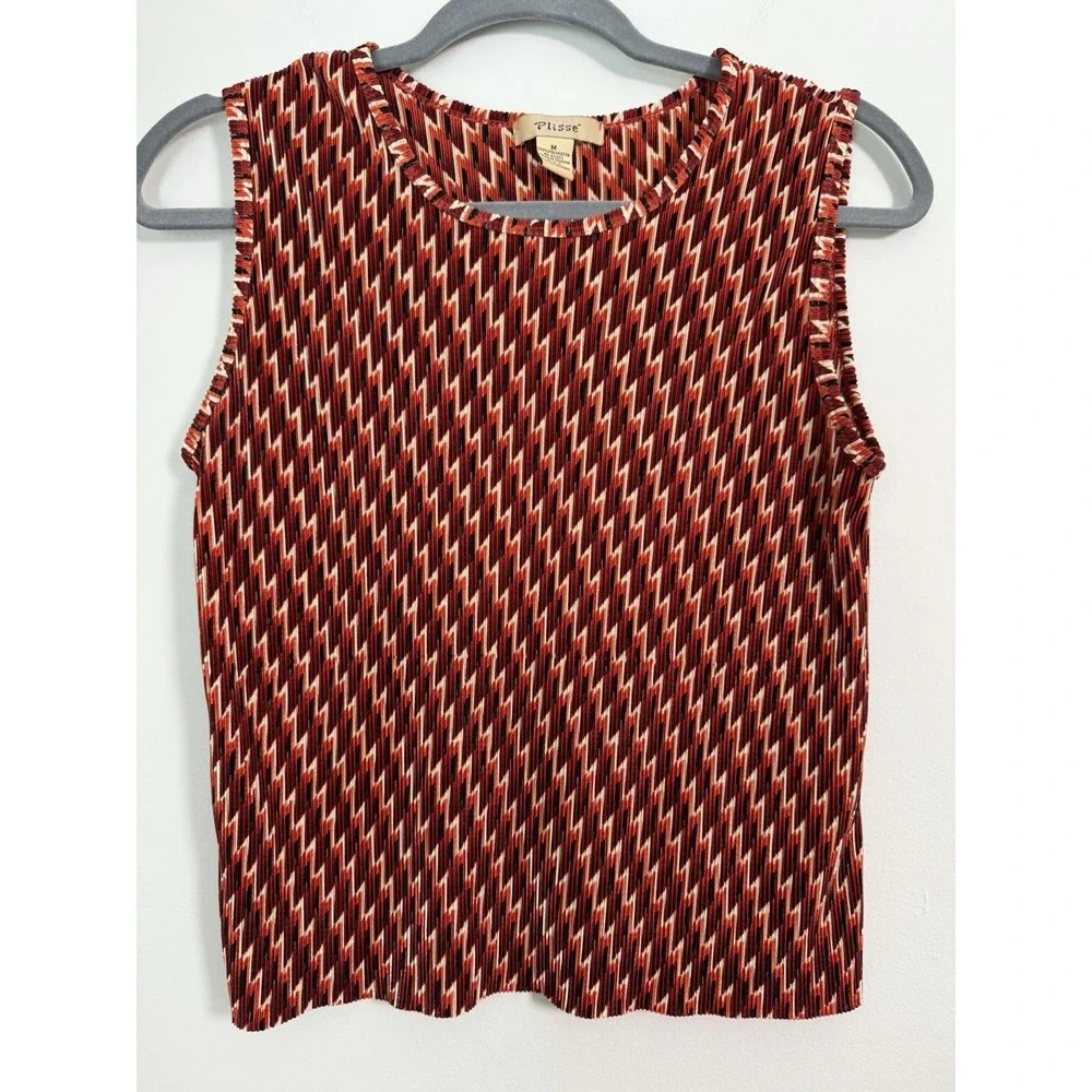 Vintage‎ Plisse Red Patterned Textured Top Y2k 90's Womens Sz M Retro Style